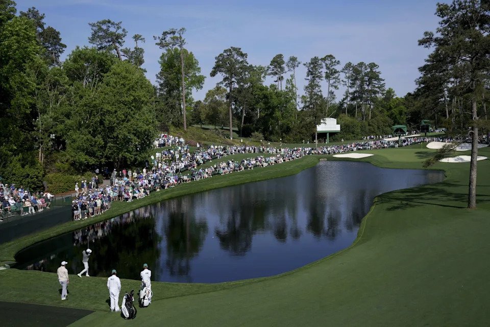 Apr 8, 2026; Augusta, Georgia, USA; Ethan Fang skips the ball on the water at the 16th hole during a practice round for the Masters Tournament at Augusta National Golf Club. Mandatory Credit: Grace Smith-Imagn Images