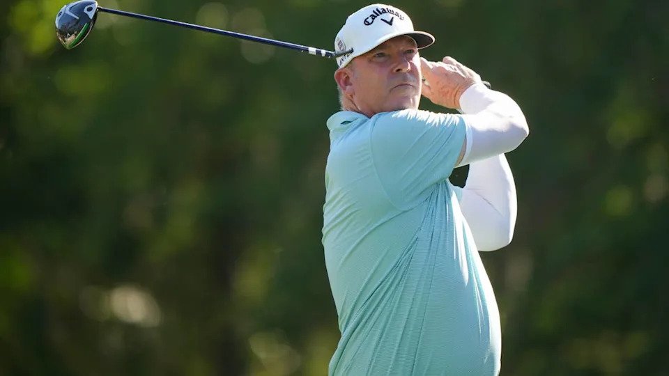 BRADENTON, FL - APRIL 17: Justin Hicks hits his tee shot on the ninth hole during the second round of the Senior PGA Championship at The Concession Golf Club on Friday, April 17, 2026, in Bradenton, Florida. (Photo by Darren Carroll/PGA of America)