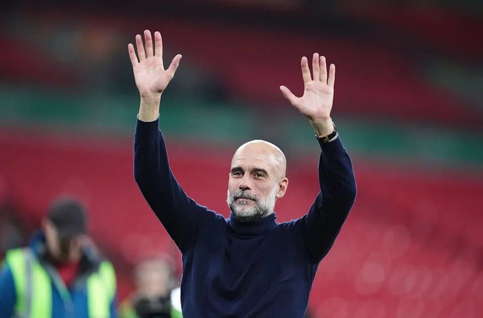 Pep Guardiola at Wembley after Man City’s Carabao Cup final win (PA)