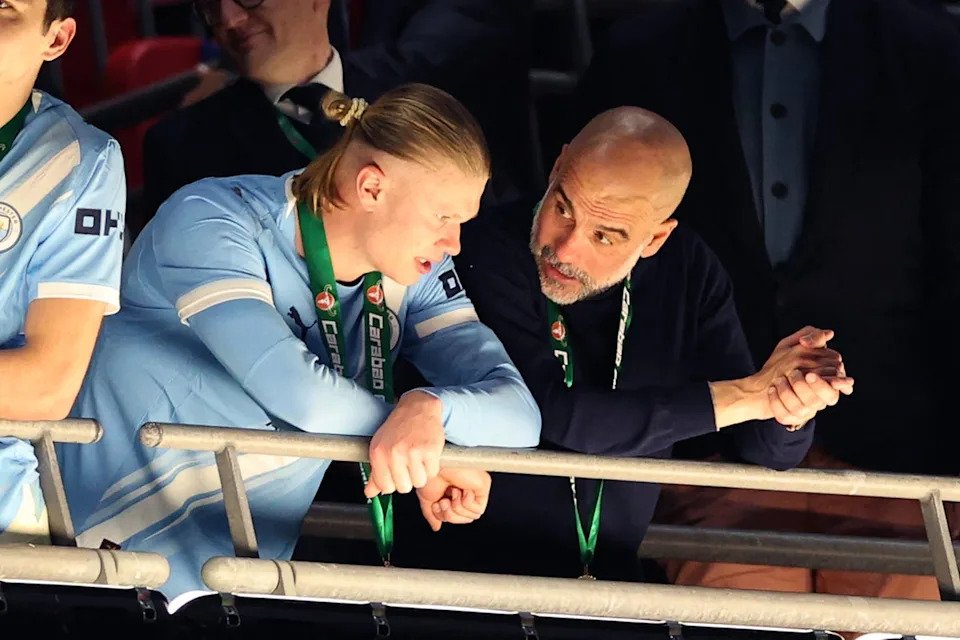 Pep Guardiola and Erling Haaland will be bidding to hunt Arsenal down ahead of next week’s potential title decider (AFP/Getty)