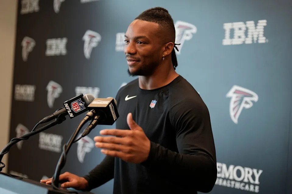 Bijan Robinson speaks during Falcons NFL media availability, Wednesday, April 8, 2026, in Flowery Branch, Ga. AP