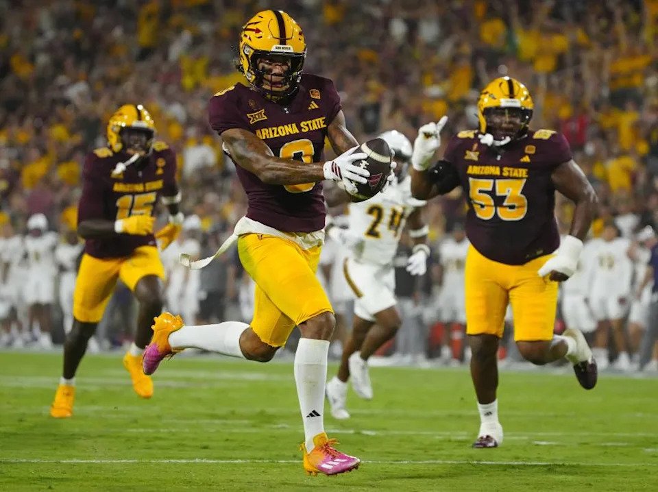 Arizona State wide receiver Jordyn Tyson (0) scores a touchdown against NAU during a game at Mountain America Stadium in Tempe on Aug. 30, 2025. Patrick Breen/The Republic / USA TODAY NETWORK via Imagn Images