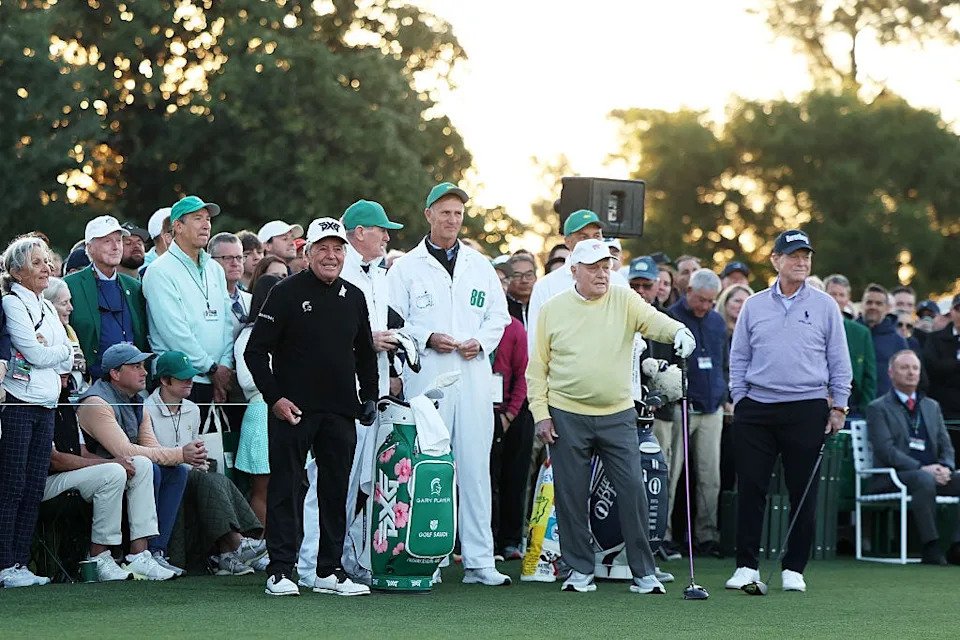 Honorary Starters Gary Player, Tom Watson and Jack Nicklaus look on from the first tee during the first round of the 2026 Masters Tournament at Augusta National Golf Club on April 9, 2026 in Augusta, Georgia. (Photo by Andrew Redington/Getty Images) Andrew Redington/Getty Images