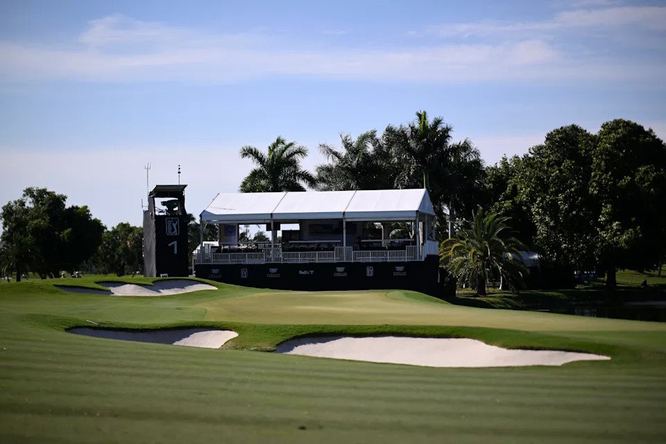 A general view of the first green during the third round of the Cadillac Championship 2026 at Trump National Doral Miami on May 02, 2026 in Doral, Florida.