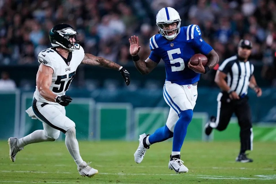 Anthony Richardson looks to scramble away from linebacker <a class="link " href="https://sports.yahoo.com/nfl/players/40518/" data-i13n="sec:content-canvas;subsec:anchor_text;elm:context_link" data-ylk="slk:Ben VanSumeren;sec:content-canvas;subsec:anchor_text;elm:context_link;itc:0" data-yga="{"yLinkElement":"context_link","yModuleName":"content-canvas","yLinkText":"Ben VanSumeren","ySubModuleName":"anchor_text","yHasCommerce":false}">Ben VanSumeren</a> during the first half of the Colts’ preseason win over the Eagles on Aug. 24, 2023, in <a class="link " href="https://sports.yahoo.com/nfl/teams/philadelphia/" data-i13n="sec:content-canvas;subsec:anchor_text;elm:context_link" data-ylk="slk:Philadelphia;sec:content-canvas;subsec:anchor_text;elm:context_link;itc:0" data-yga="{"yLinkElement":"context_link","yModuleName":"content-canvas","yLinkText":"Philadelphia","ySubModuleName":"anchor_text","yHasCommerce":false}">Philadelphia</a>. AP