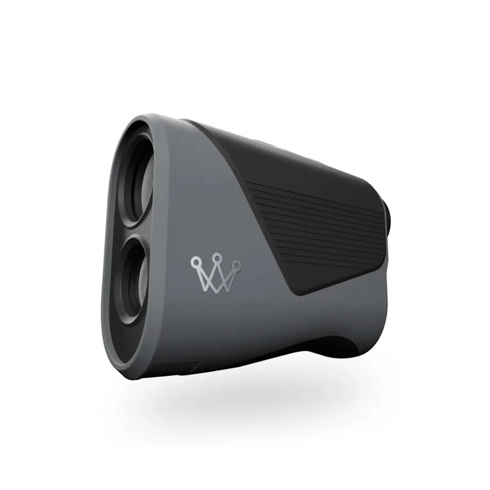 A gray and black handheld rangefinder with two lenses on the front and a small logo on the side, displayed against a plain white background.