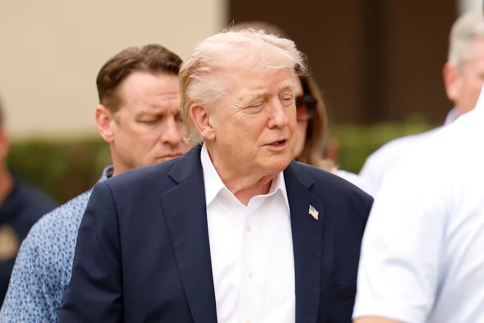 DORAL, FLORIDA - MAY 03: President Donald Trump arrives to the Trump suite during the final round of the Cadillac Championship 2026 at Trump National Doral Miami on May 03, 2026 in Doral, Florida. (Photo by Cliff Hawkins/Getty Images)