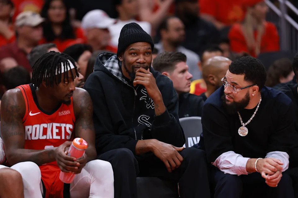 HOUSTON, TEXAS - MAY 01:  Kevin Durant #7 of the Houston Rockets looks on during the fourth quarter against the Los Angeles Lakers in Game Six of the First Round of the NBA Western Conference Playoffs at Toyota Center on May 01, 2026 in Houston, Texas. NOTE TO USER: User expressly acknowledges and agrees that, by downloading and or using this photograph, User is consenting to the terms and conditions of the Getty Images License Agreement. (Photo by Kenneth Richmond/Getty Images)