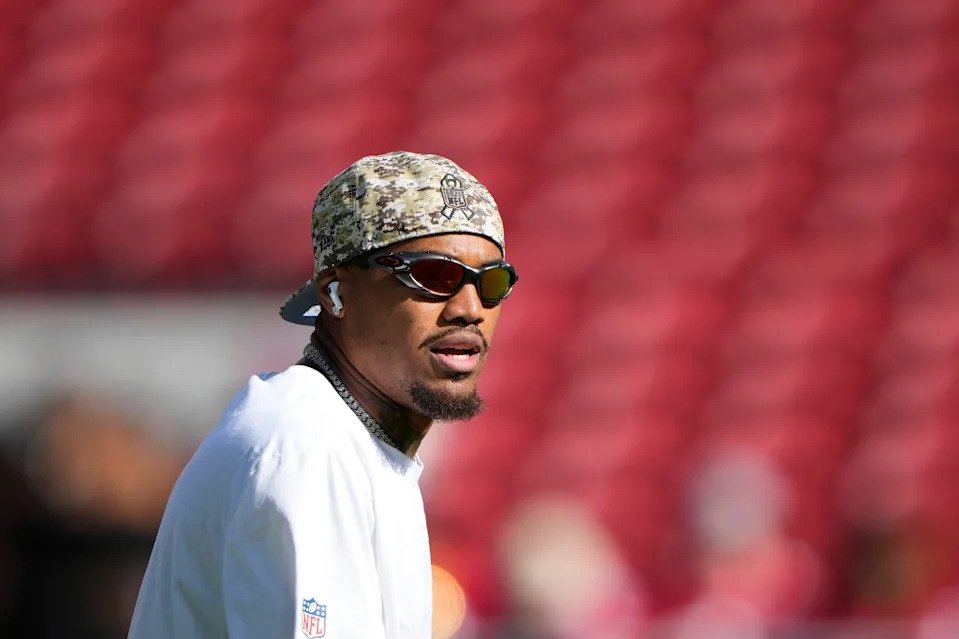 Kendrick Bourne of the 49ers looks on before the game against the Rams. Getty Images