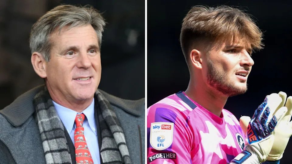 A split image of John Berylson, left, dressed in a suit with a blue shirt, red patterned tie, and wearing a grey coat and checked grey and black scarf, next to an image of Matija Sarkic, wearing a pink Millwall goalkeeper jersey and goalkeeper gloves, holding his hands up ready to catch a football