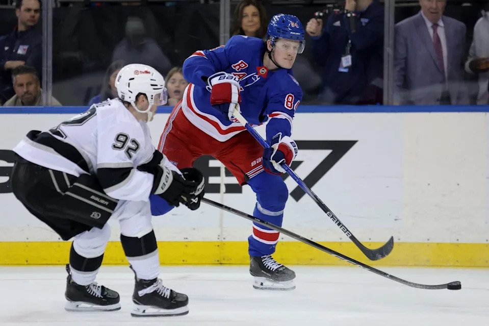 Adam Edstrom takes a shot during the Rangers’ March 16 game against the Kings. IMAGN IMAGES via Reuters Connect