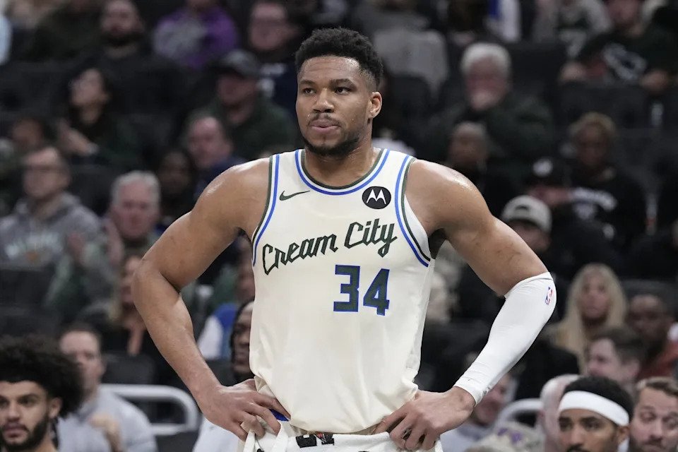 Milwaukee Bucks forward Giannis Antetokounmpo surveys the floor during a March 2, 2026 game against the Boston Celtics at Fiserv Forum.