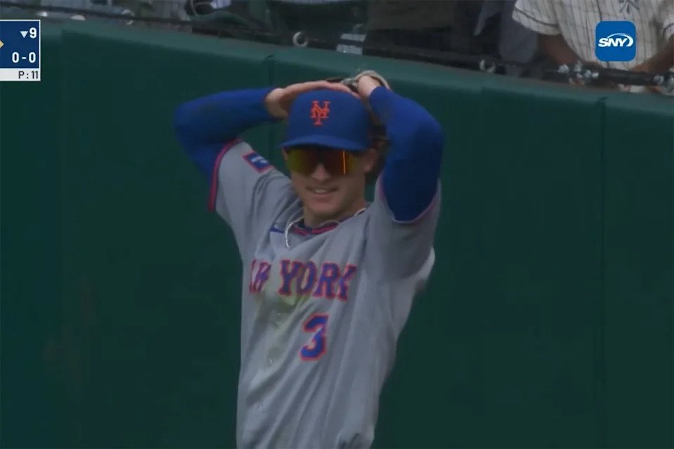 Carson Benge reacts after making a catch during the Mets’ May 4 win. Screengrab via X/@SNYtv